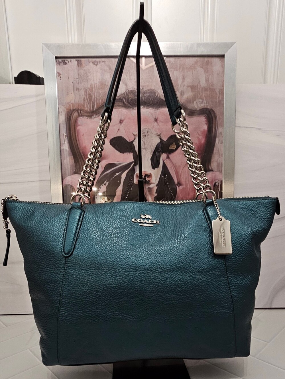 Coach Ava Chain Tote Metallic Teal Pebbled Leather Shoulder Bag F35868